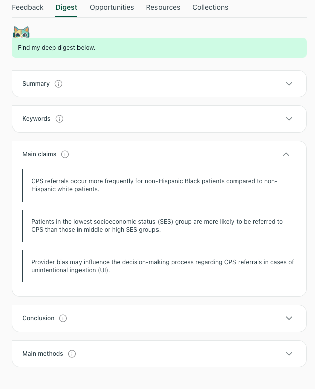 PaperDigest Digest Tab Main Claims Example PaperDigest Digest tab with Main claims expanded, listing claims about CPS referrals by race, socioeconomic status, and provider bias.