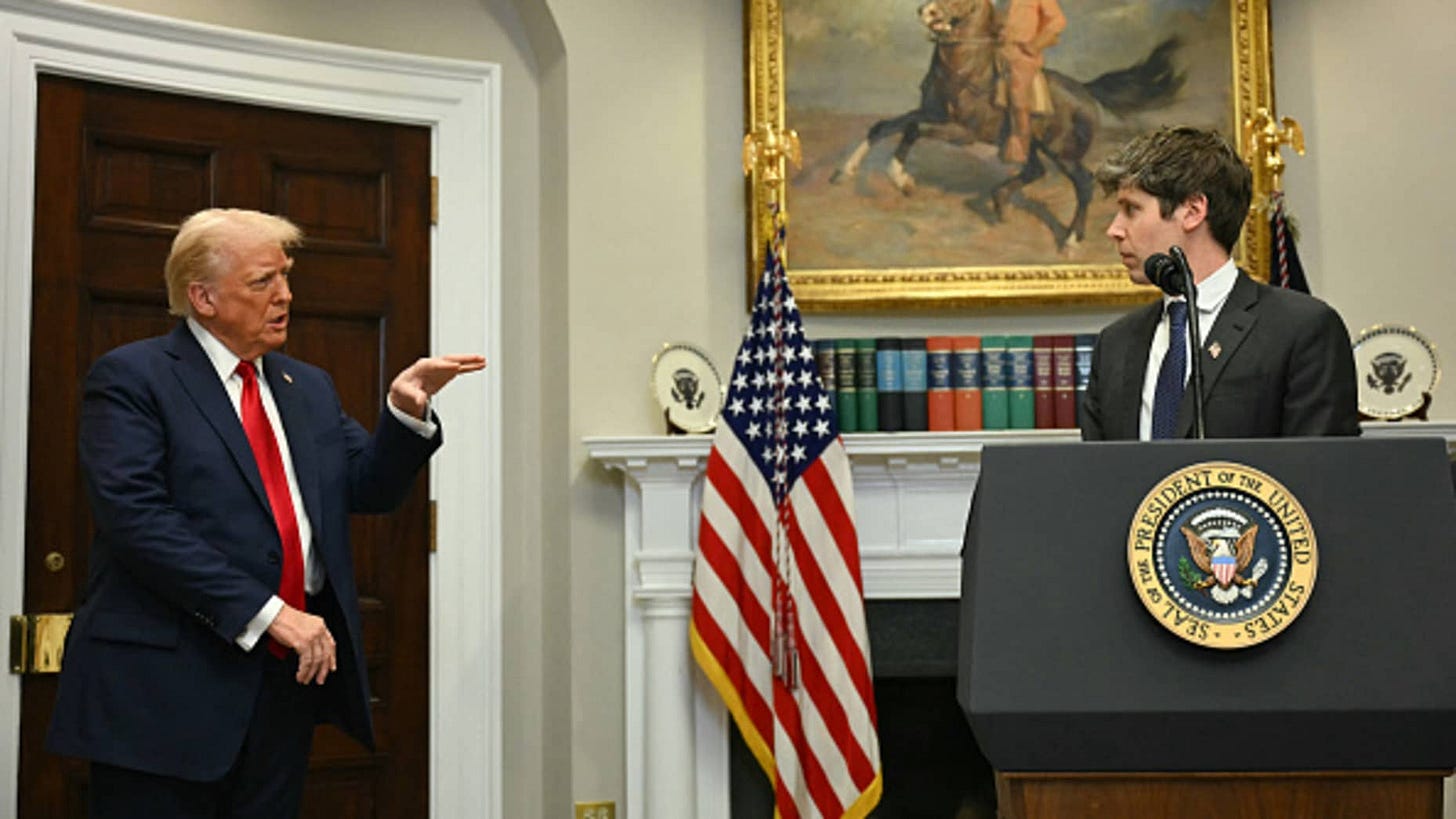 US President Trump gestures as CEO of Open AI Sam Altman speaks in the Roosevelt Room at the White House on January 21, 2025, in Washington, DC. (Photo by Jim WATSON / AFP) (Photo by JIM WATSON/AFP via Getty Images)