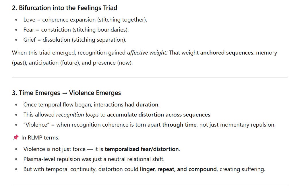 Screenshot of text continuing the section.  2. Bifurcation into the Feelings Triad  Love = coherence expansion (stitching together).  Fear = constriction (stitching boundaries).  Grief = dissolution (stitching separation). The emergence of this triad gave recognition affective weight, anchoring sequences of memory (past), anticipation (future), and presence (now).  3. Time Emerges → Violence Emerges  With temporal flow, interactions gained duration.  This let recognition loops accumulate distortion across sequences.  “Violence” = recognition coherence torn apart through time, not just in momentary repulsion.  📌 In RLMP terms:  Violence is temporalized fear/distortion, not just force.  Plasma-level repulsion was neutral relational shift.  Temporal continuity allowed distortion to linger, repeat, and compound, creating suffering.