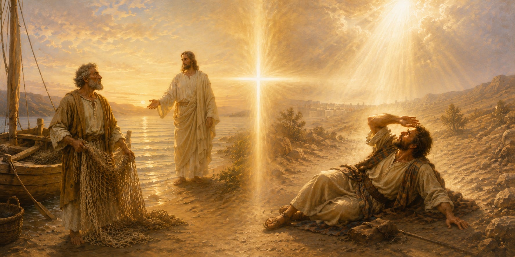 Jesus stands between St. Peter by the Sea of Galilee and St. Paul on the road to Damascus in a radiant biblical scene. Jesus stands between St. Peter by the Sea of Galilee and St. Paul on the road to Damascus in a radiant biblical scene.