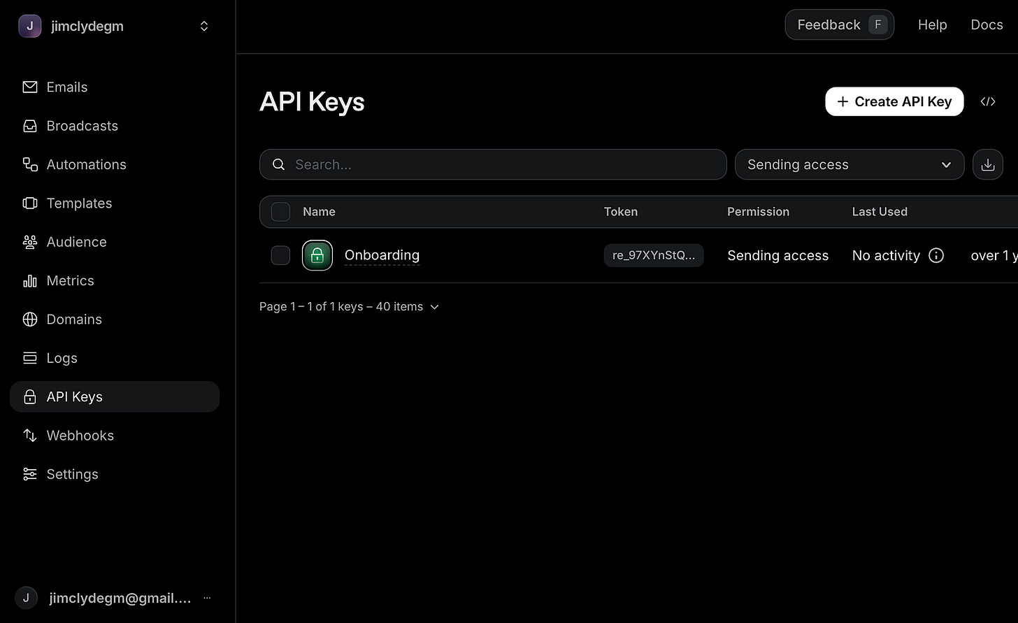 Creating API keys for BloggFast in Resend. Image by Jim Clyde Monge