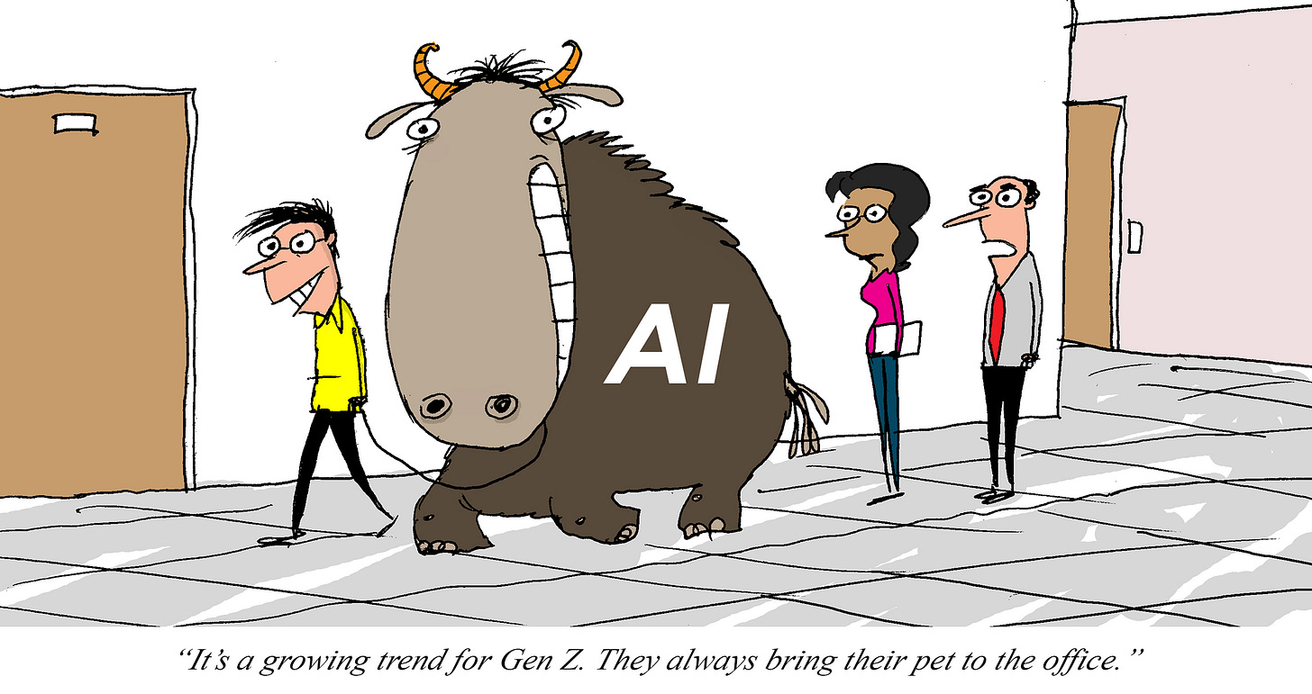 Cartoon of a young office worker leading a large, horned animal labeled “AI” down a hallway while two coworkers look on, with a caption joking that Gen Z always brings their “pet” to the office. Cartoon of a young office worker leading a large, horned animal labeled “AI” down a hallway while two coworkers look on, with a caption joking that Gen Z always brings their “pet” to the office.