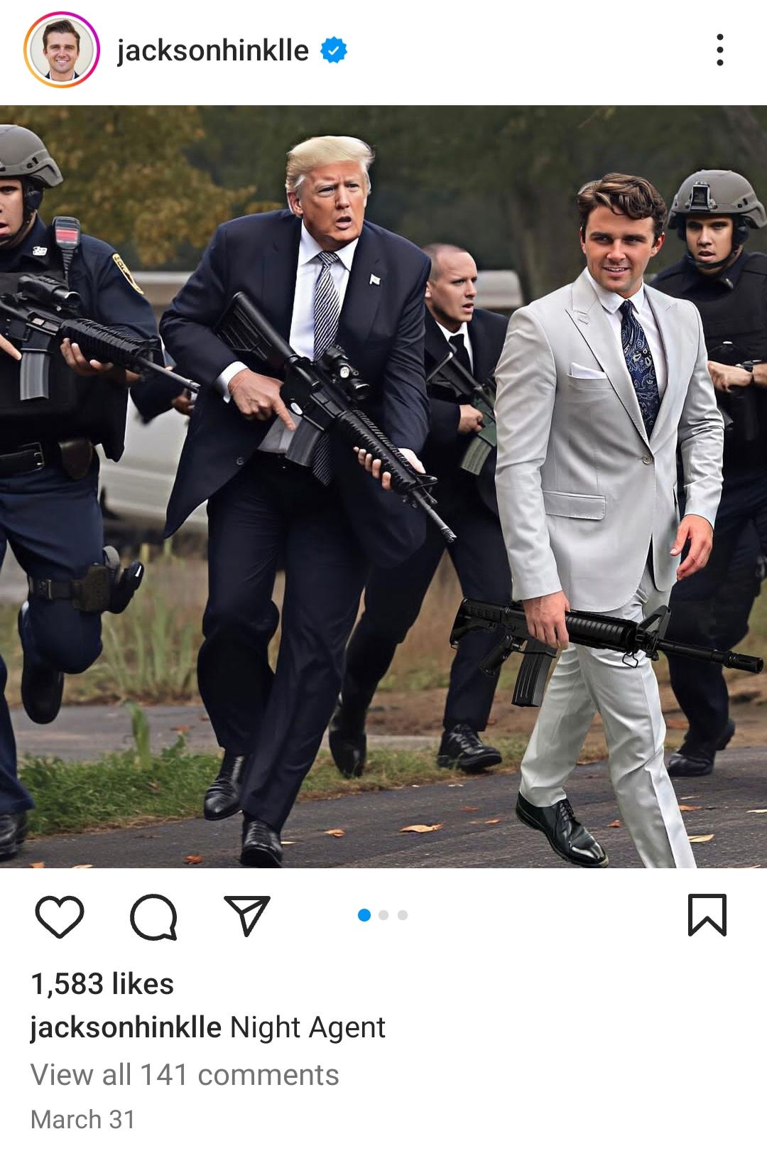 Instagram post of Jackson Hinkle inserting an image of himself in an AI-generated graphic that included Donald Trump and police officers holding assault rifles. Instagram post of Jackson Hinkle inserting an image of himself in an AI-generated graphic that included Donald Trump and police officers holding assault rifles.