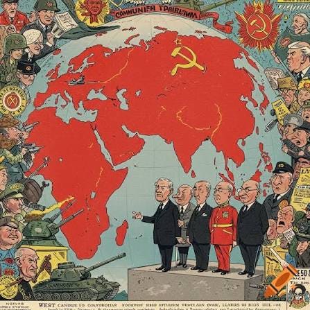 Political cartoon depicting a world map showing the USSR/Communist bloc surrounded by caricatured Western figures, military, tanks. on Craiyon