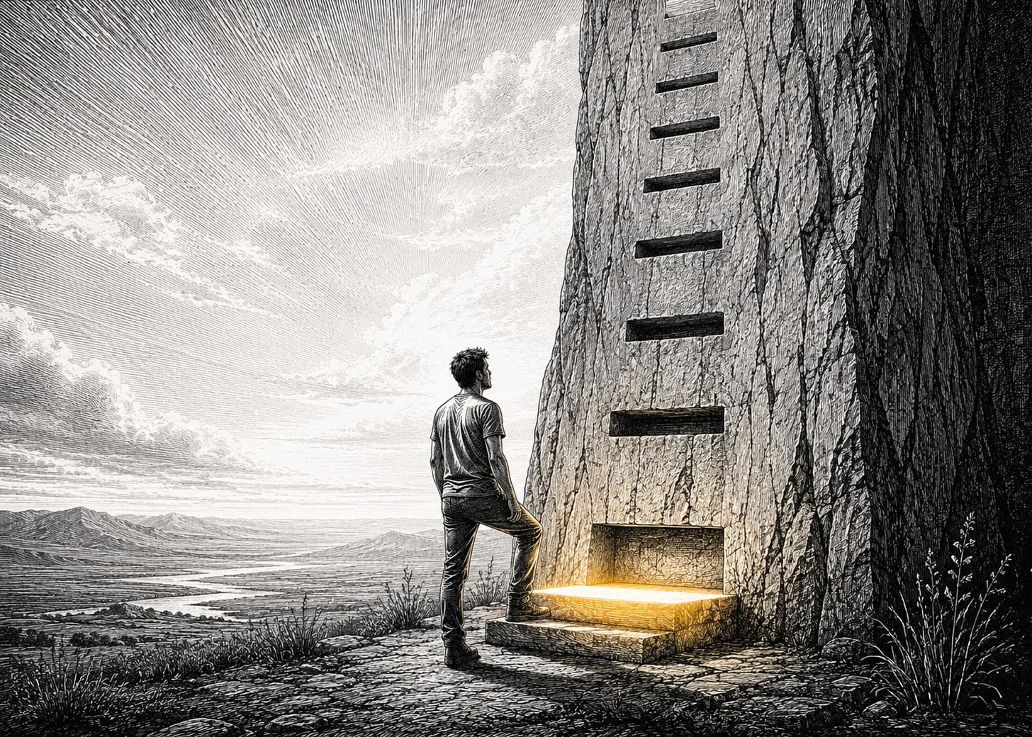 A man places one foot on a glowing low rung beneath a high ladder cut into a bright cliff.