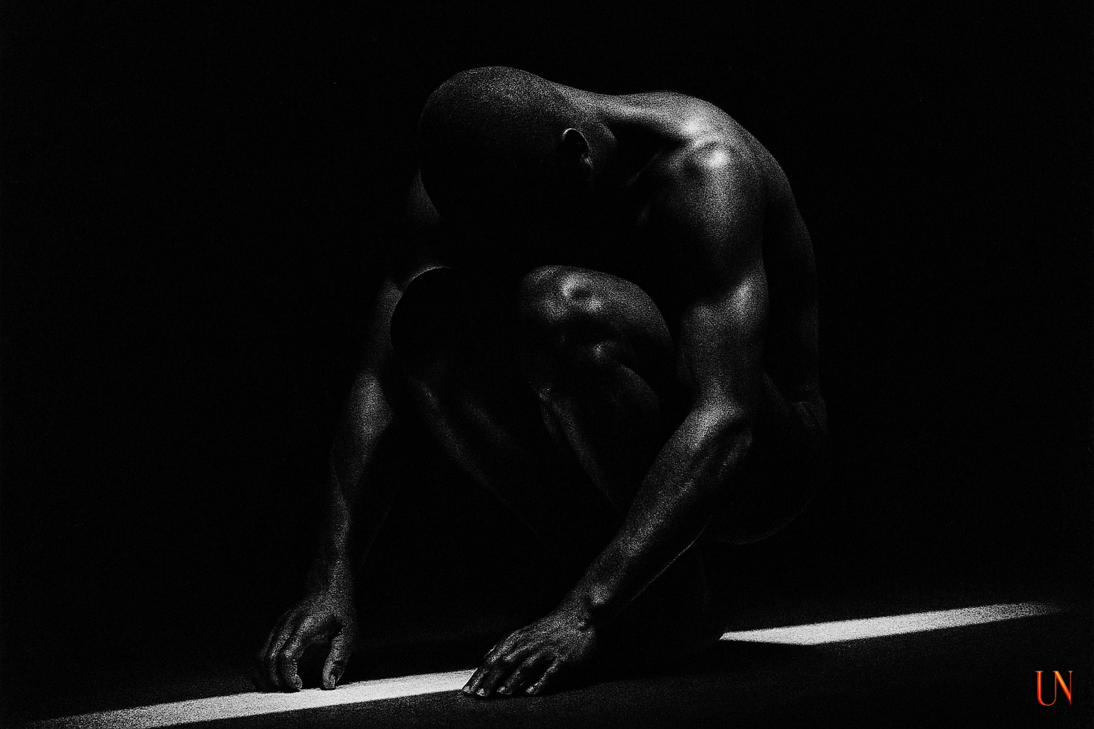 Black-and-white photograph of a crouched Black male figure balancing over a thin strip of light. His head is bowed forward into shadow, but one arm extends downward, fingers brushing toward the illuminated beam. Harsh light sculpts the muscles of his shoulders, arms, and legs while the rest of the figure dissolves into darkness.