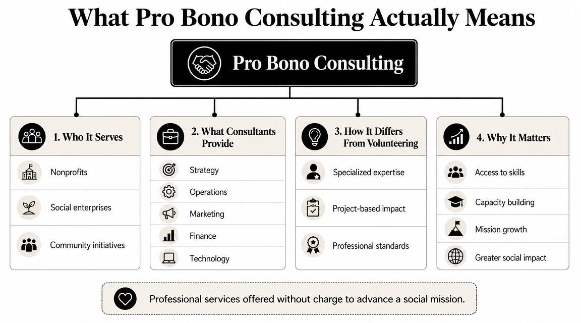 A flowchart explaining pro bono consulting, its beneficiaries, services provided, unique benefits, and social impact. A flowchart explaining pro bono consulting, its beneficiaries, services provided, unique benefits, and social impact.