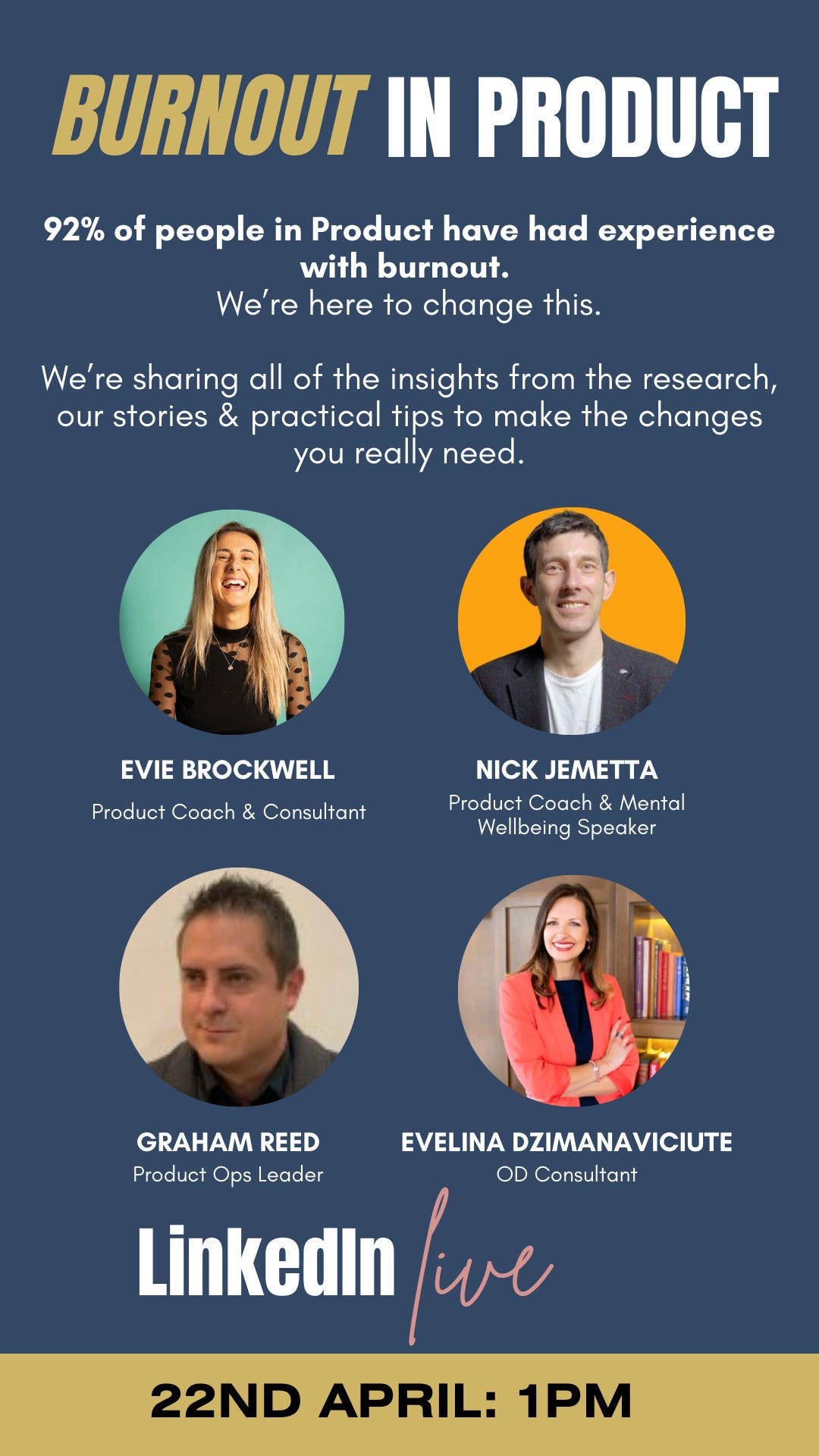 Poster for Burnout in Product, featuring the images of the host and guests