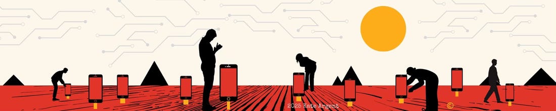 Illustration depicting people tending to phones on a digital landscape that symbolizes the Attention Farm