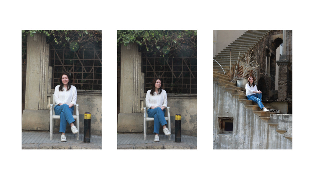 A collage of three photos of the same woman. In two of them she is sitting on a white chair in front of an abandoned house. In the third she is sitting on the exterior stairs of a house.