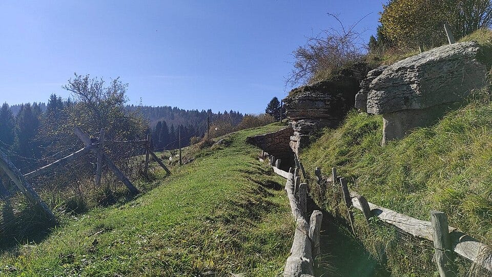 File:Trench on Monte Zovetto with barbed wire.jpg