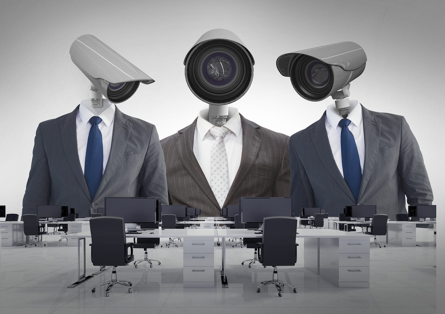 3 persons in business suits stand over an office space, with CCTV cameras instead of faces, looking down on the workstations