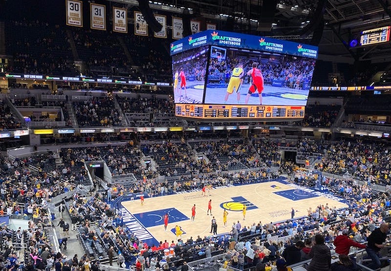 Wide shot of Gainbridge Fieldhouse as the Pacers play the Raptors.