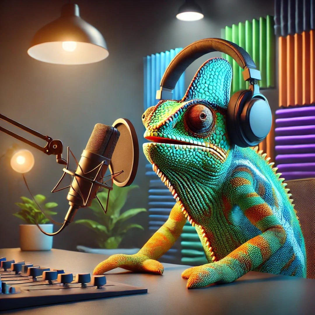 A colorful chameleon wearing large headphones sits at a podcast studio desk with a microphone, soundboard, and acoustic panels in the background.