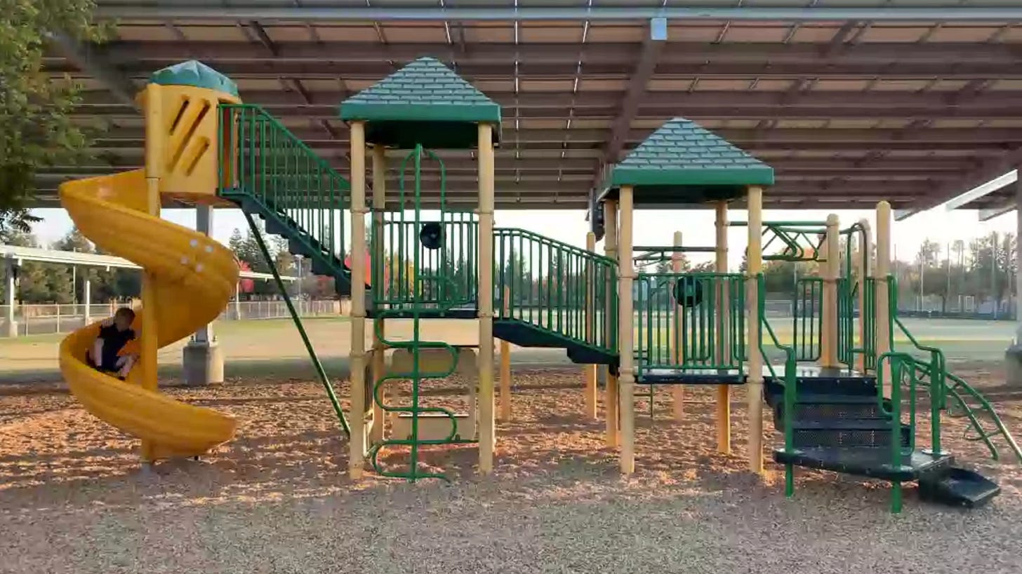 An image of a kid sliding down the slide of a playground.