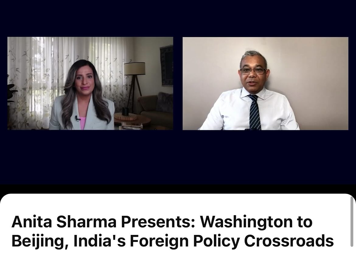 May be an image of 2 people and text that says 'Anita Sharma Presents: Washington to Beijing, India's Foreign Policy Crossroads'