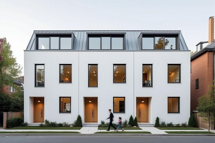 This may contain: two people are walking in front of a white building with three story windows on each side
