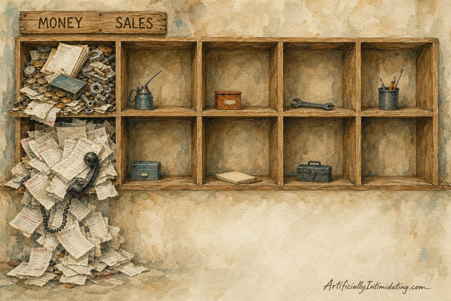 Watercolor illustration of ten wooden shelf cubbies on a workshop wall, two labeled MONEY and SALES overflowing with coins, receipts, and order slips spilling onto the floor, while the other eight cubbies hold only a single sparse item each.