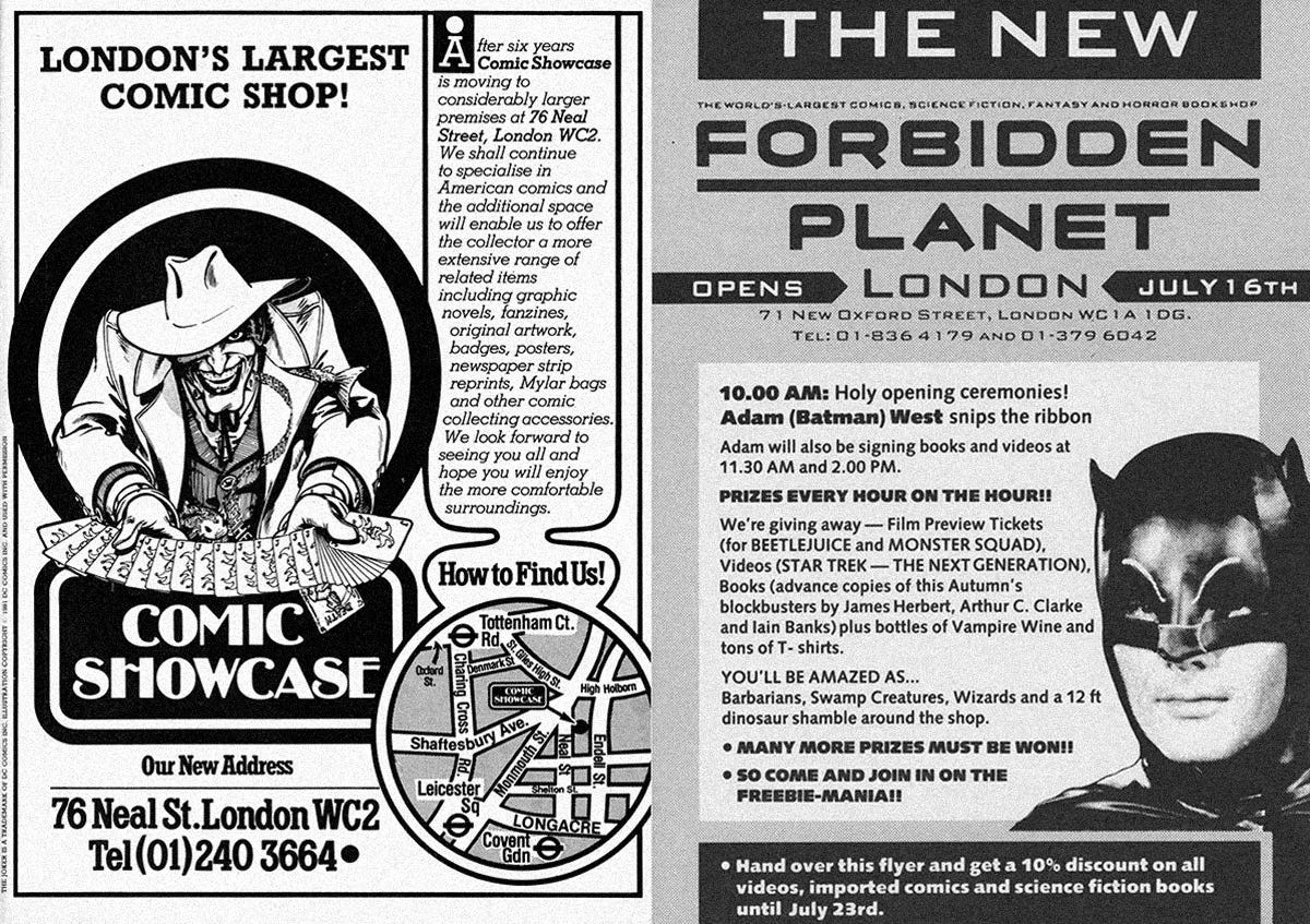 Flyers for Comic Showcase on Neal Street and Forbidden Planet on New Oxford Street