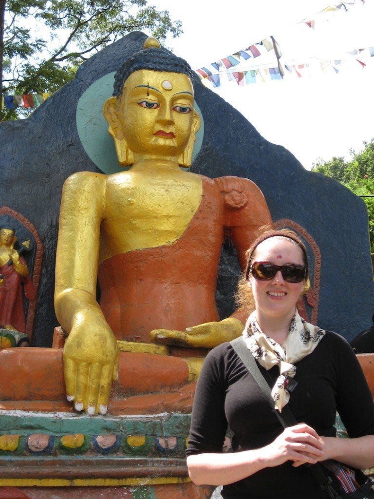At the bottom of the steps to Swayambhunath Stupa, Kathmandu