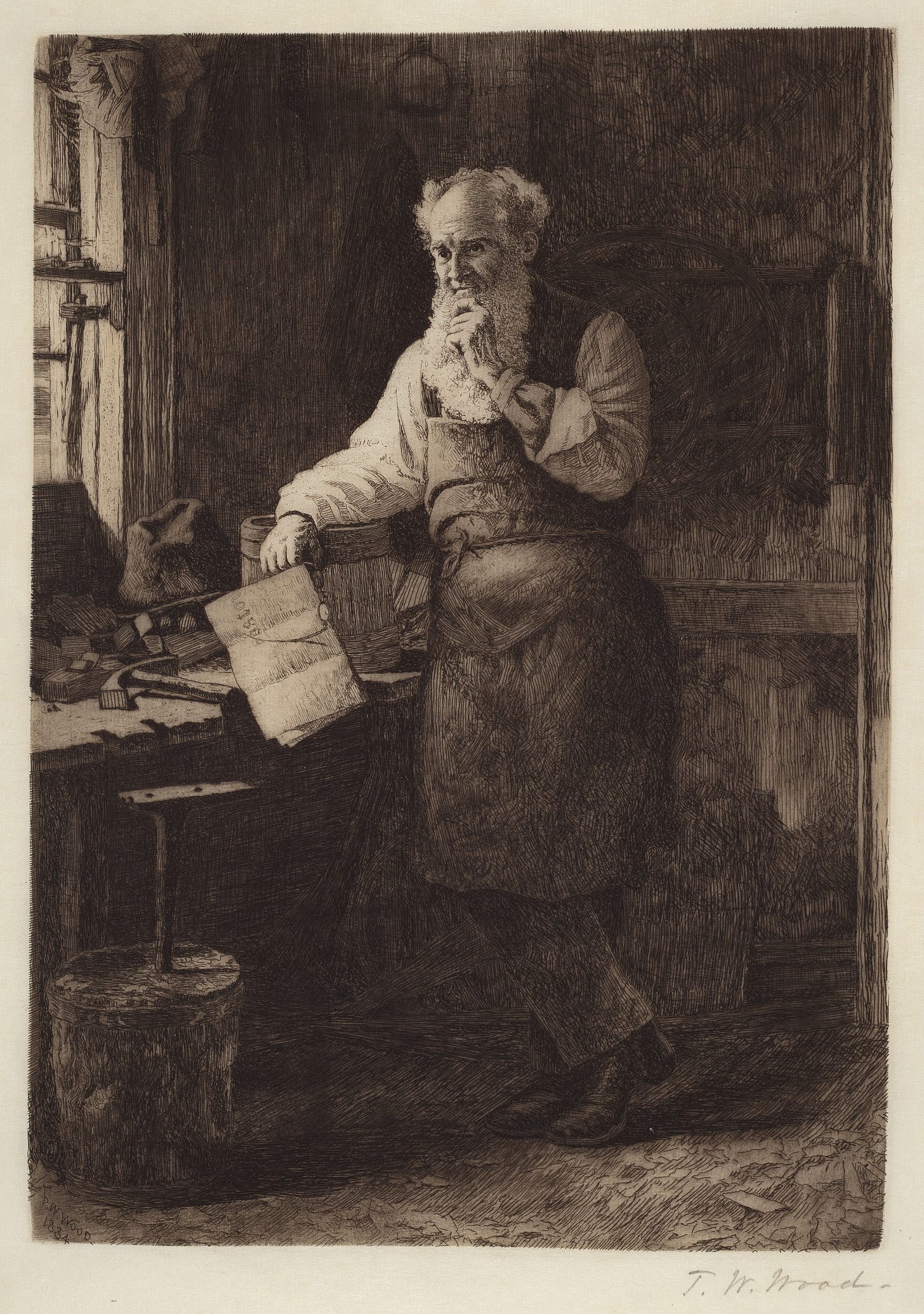 "Thinking It Over" by Thomas Waterman Wood in etching, 1884.