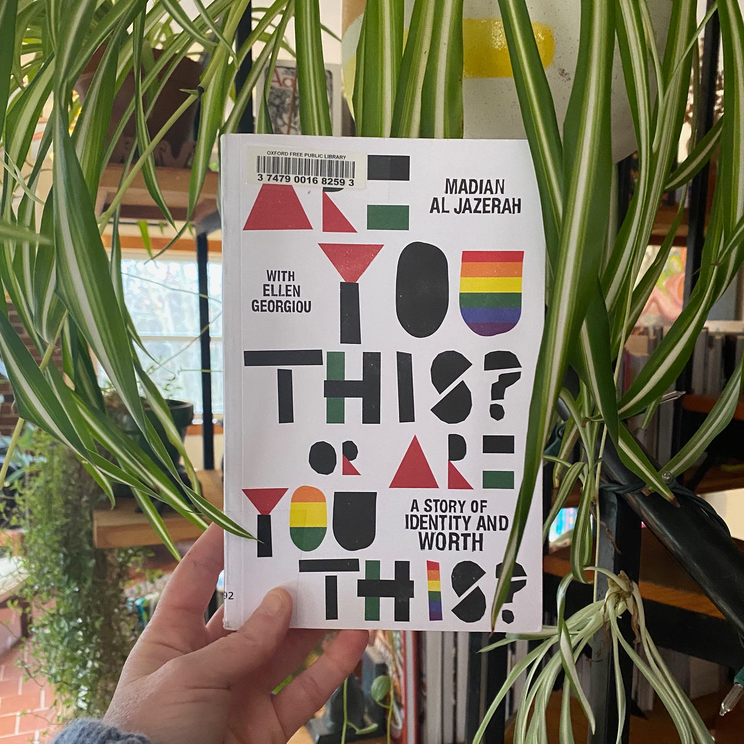 I’m holding up this book in front of a spider plant.