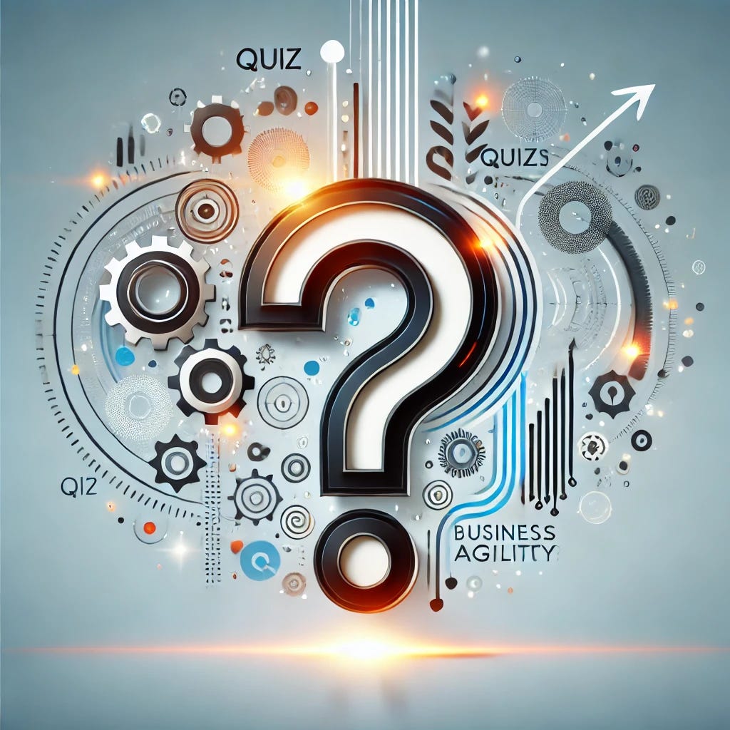 A completely text-free image representing a quiz on business agility. The centerpiece is a bold, large question mark surrounded by abstract elements like gears, arrows, and glowing lines to symbolize adaptability and innovation. The background is a clean gradient with professional tones of blue and white, ensuring the design is minimalist and visually striking.