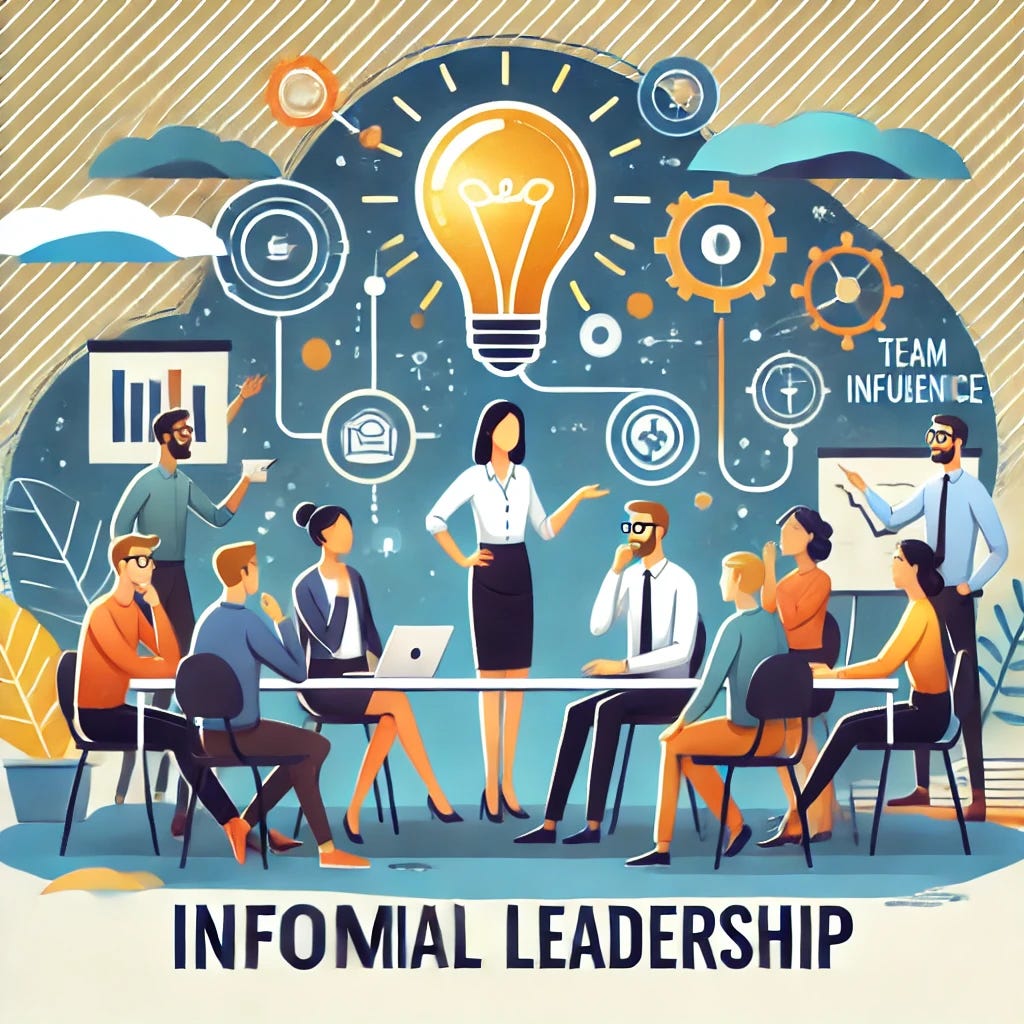 An illustration symbolizing informal leadership, showcasing a person collaborating with colleagues in a team meeting setting. The person is sharing ideas and engaging others, with symbols of connection and influence like light bulbs and teamwork icons around them. The scene is modern and vibrant, emphasizing positivity and collaboration.