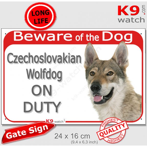 Red Gate Plaque "Beware of the Dog, Czechoslovakian Wolfdog on Duty"