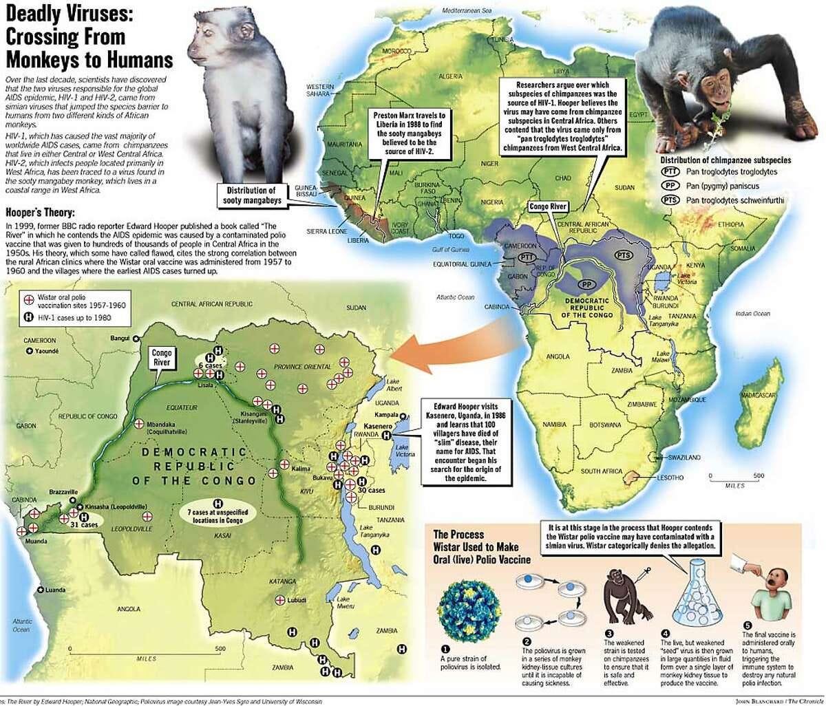 Deadly Viruses: Crossing from Monkeys to Humans. Chronicle Graphic by John Blanchard Deadly Viruses: Crossing from Monkeys to Humans. Chronicle Graphic by John Blanchard