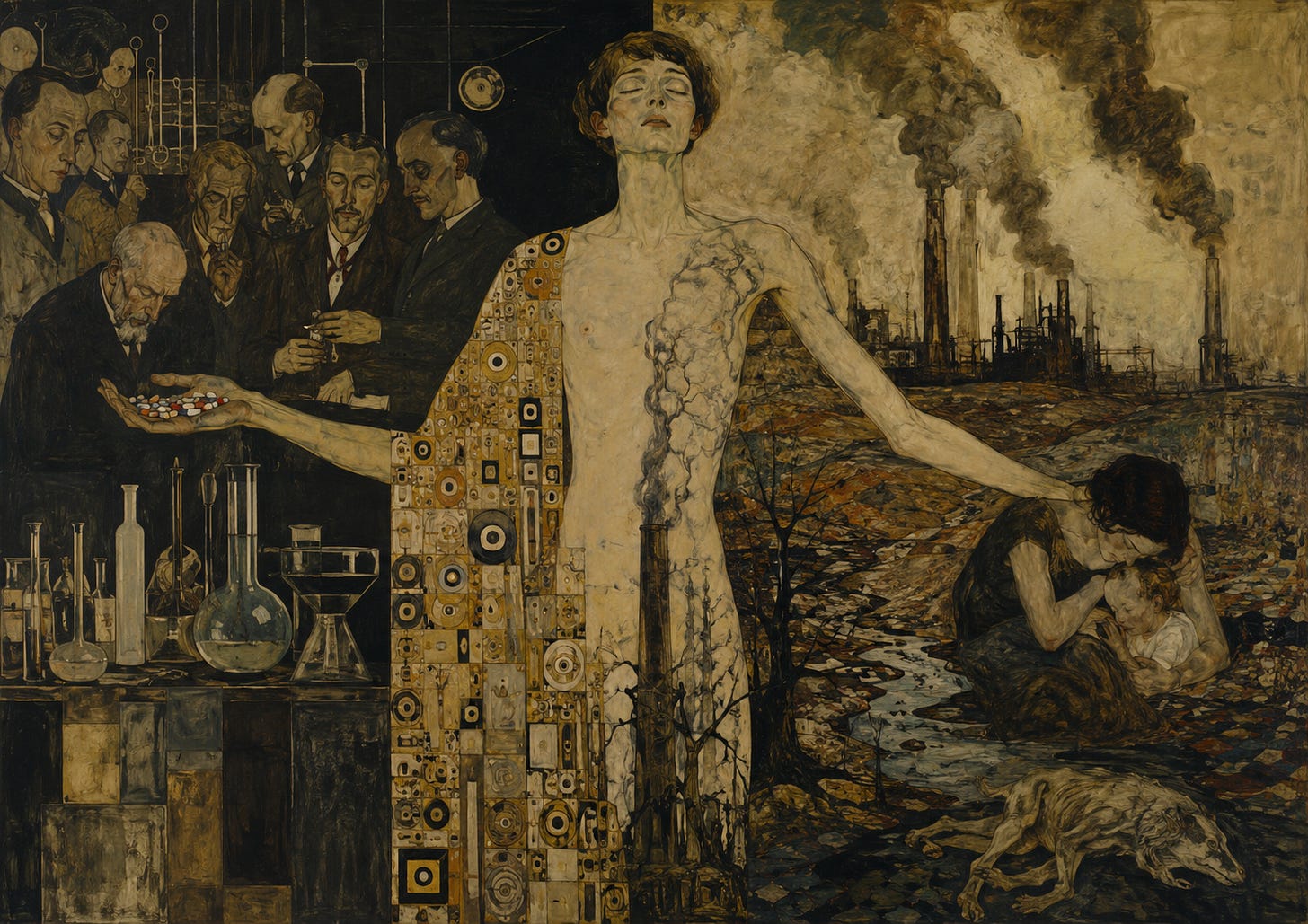 Illustration symboliste au format horizontal, dans un style évoquant Gustav Klimt, Koloman Moser et les peintres de la Sécession viennoise. Au centre, une silhouette androgyne aux yeux fermés étend les bras. Une moitié de son corps est recouverte d'une mosaïque dorée inspirée de l'Art nouveau, tandis que l'autre laisse apparaître une longue fissure sombre traversée par une fumée noire. À gauche, plusieurs hommes en costume observent des pilules et des instruments de laboratoire dans une atmosphère austère, suggérant un univers scientifique dominé par les intérêts industriels. À droite, une vaste plaine dévastée est envahie par des usines aux hautes cheminées rejetant d'épais nuages de fumée. Au premier plan, une mère serre un enfant contre elle près d'un arbre mort et d'un animal agonisant. Les tons bruns, ocres, noirs et dorés créent une ambiance tragique où le corps humain relie directement la maladie, la pollution industrielle et la crise climatique.