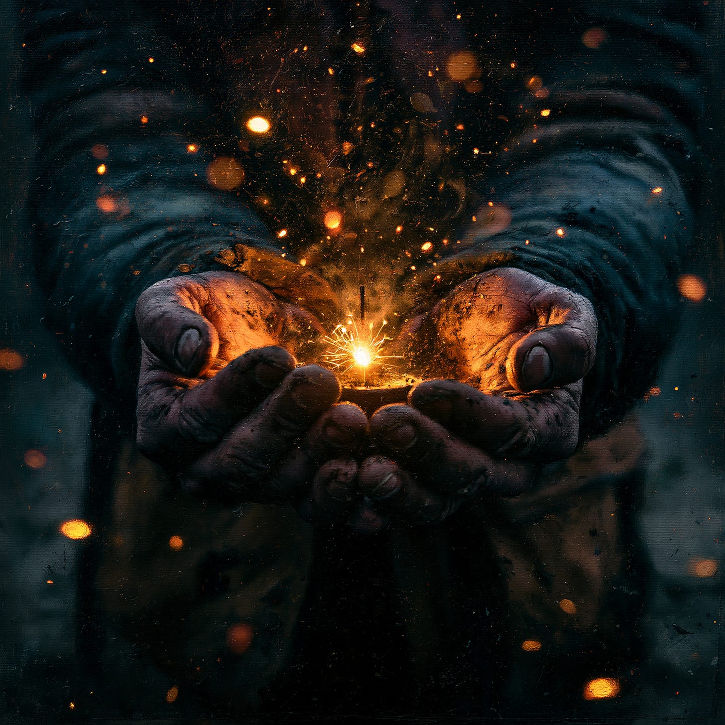 Two cupped hands holding a single bright ember in darkness while other embers fade away around them.