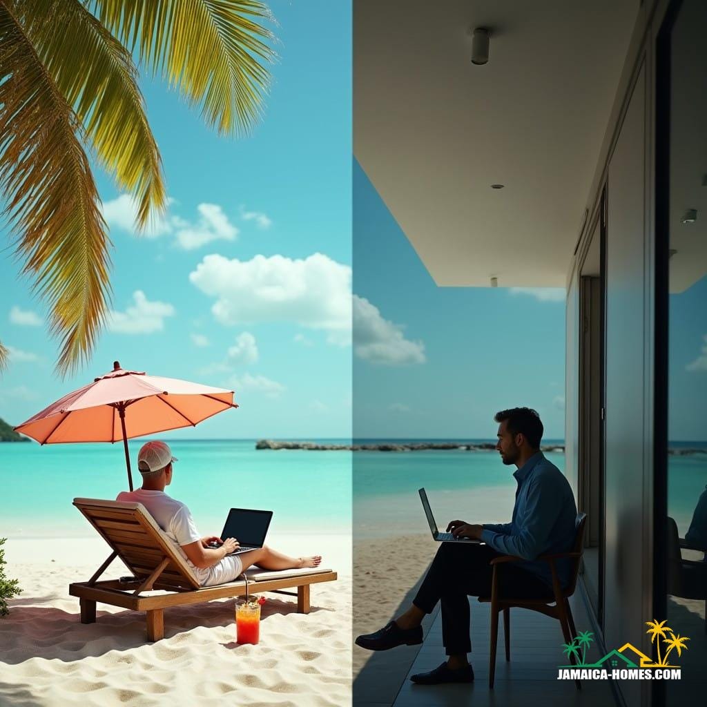  Split-screen composition, contrasting remote work scenes. On the left, a British professional, dressed in casual, pastel-colored attire, lounges on a pristine Caribbean beach, laptop open on a sunlounger, surrounded by swaying palm trees and crystal-clear waters. A tropical drink with an umbrella rests nearby, exuding a sense of leisure. The atmosphere is serene, with warm, golden lighting and a hint of film grain.

On the right, a modern European cityscape unfolds, with a serious professional, clad in formal attire, intently focused on their work in a sleek, minimalist co-working space. The atmosphere is crisp, with cool, blue-toned lighting and a sense of productivity. The camera captures the scene with cinematic flair, incorporating a shallow depth of field, subtle vignette, and a 35mm film aesthetic.

The color palette is divided, with warm, sun-kissed hues on the left, and cool, urban tones on the right. The split-screen format is clearly demarcated, with a subtle gradient or film-like transition separating the two scenes. The overall effect is a visually striking, cinematic still, evoking the contrasting perceptions of remote work in the Caribbean and Europe. Inspired by the works of cinematographer Emmanuel Lubezki, and directors like Denis Villeneuve and Alejandro González Iñárritu.