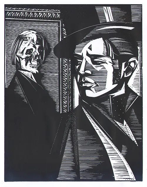 A black and white woodcut of a person and a skeleton
AI-generated content may be incorrect.