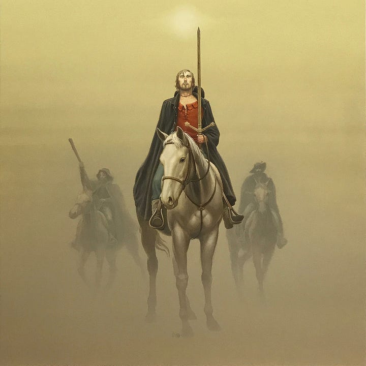 LEFT: Detail from AT THE EDGE featuring a weary rider atop a white horse flanked by two companions as they exit a sandy haze. To the left with arm extended, a cloaked rider holds up what appears to be a long cudgel. His horse cocks its head as the man grasps the reins with one hand. The companion opposite wears a tilted, wide brimmed hat and keeps both hands on the reins. RIGHT: Figure detail from AT THE EDGE featuring a rider atop a white horse. The strap of the reins crosses over the top of his grip as he rests the pommel of his long wooden sword on the neck of his mount. His blonde hair is matted to his forehead. A thin beard frames the downturned slit of his mouth. As if searching for something in the distance, his head is up but dark lines under his eyes speak to the weariness of too long travel. He wears a simple russet shirt corded at the front and a black cloak. His hat has fallen to his back, held by a string across his neck. The horse angles its head to the left giving the impression that it is guiding itself.
