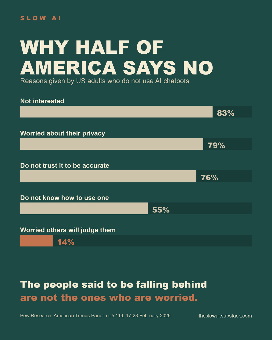 Why half of America says no: reasons given by US adults who do not use AI chatbots. Not interested 83%, worried about privacy 79%, do not trust it to be accurate 76%, do not know how 55%, worried others will judge them 14%.