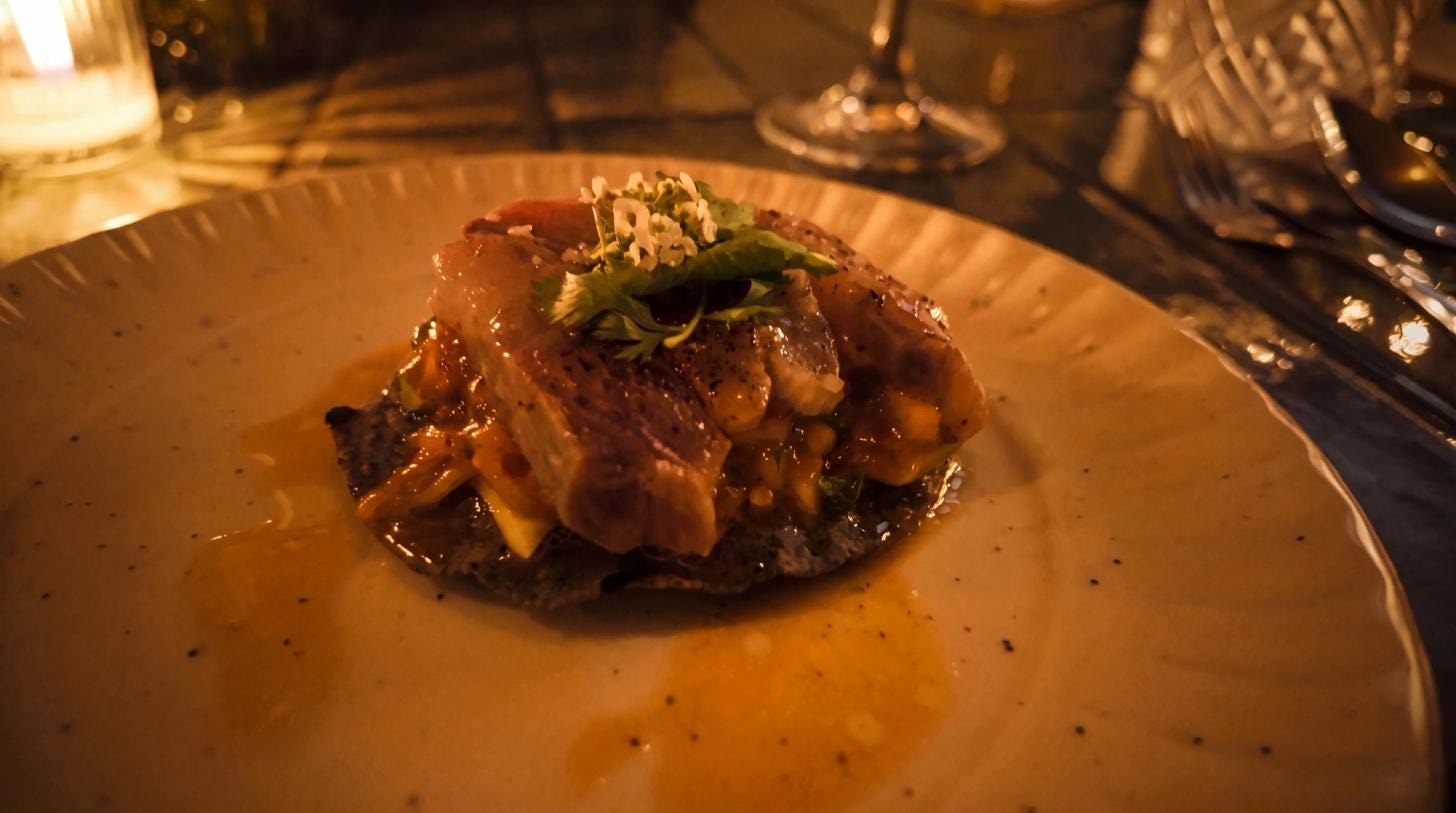 A tostada of sliced yellowtail amberjack over a blue-corn tortilla with mango, avocado, cilantro, and a small white flower, on a cream plate lit by candlelight. A tostada of sliced yellowtail amberjack over a blue-corn tortilla with mango, avocado, cilantro, and a small white flower, on a cream plate lit by candlelight.