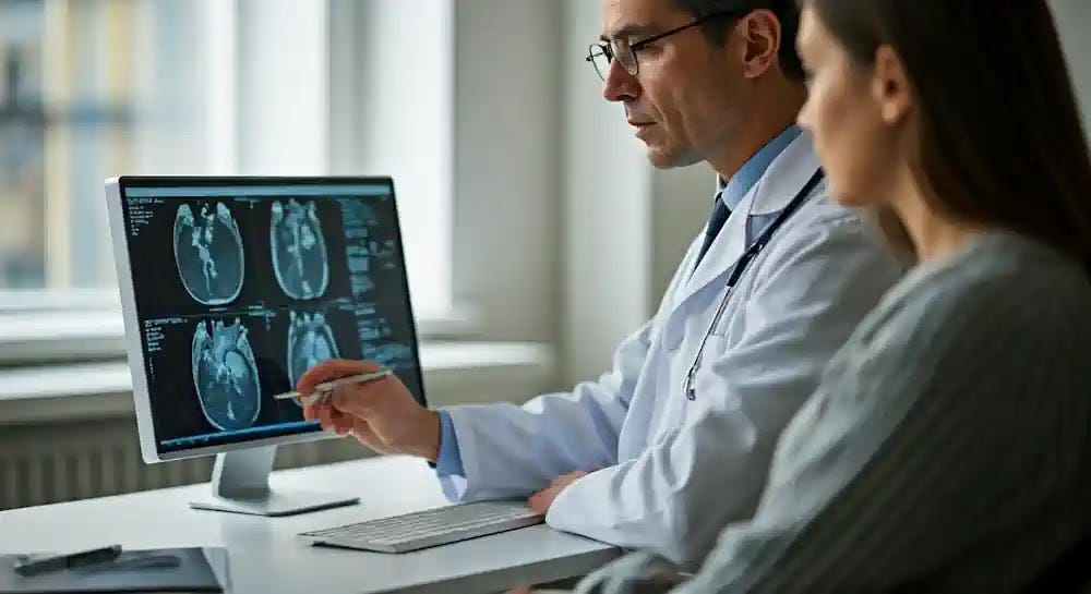 Doctor reviewing a heart scan with a patient on a computer screen.