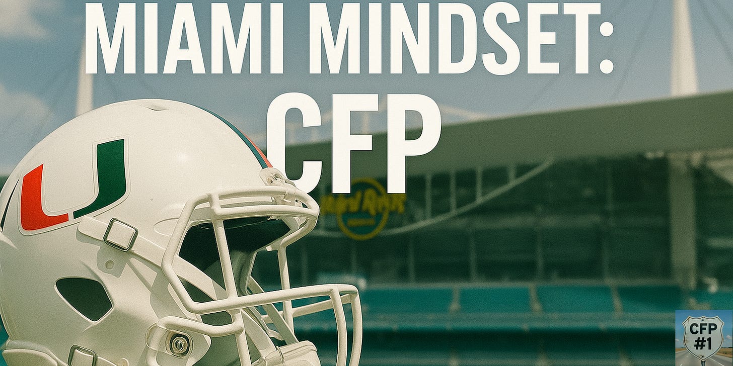 Miami Hurricanes football helmet in front of Hard Rock Stadium with bold text “Miami mindset: CFP”. Deals on seats, fan gear and premium content at www.NattyRoad.com