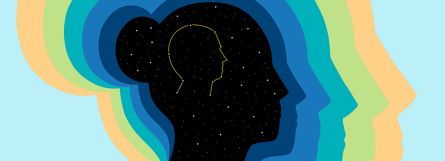 Human head in profile has color auras, and a core made of stars, with a star outline making the shape of another person's head.