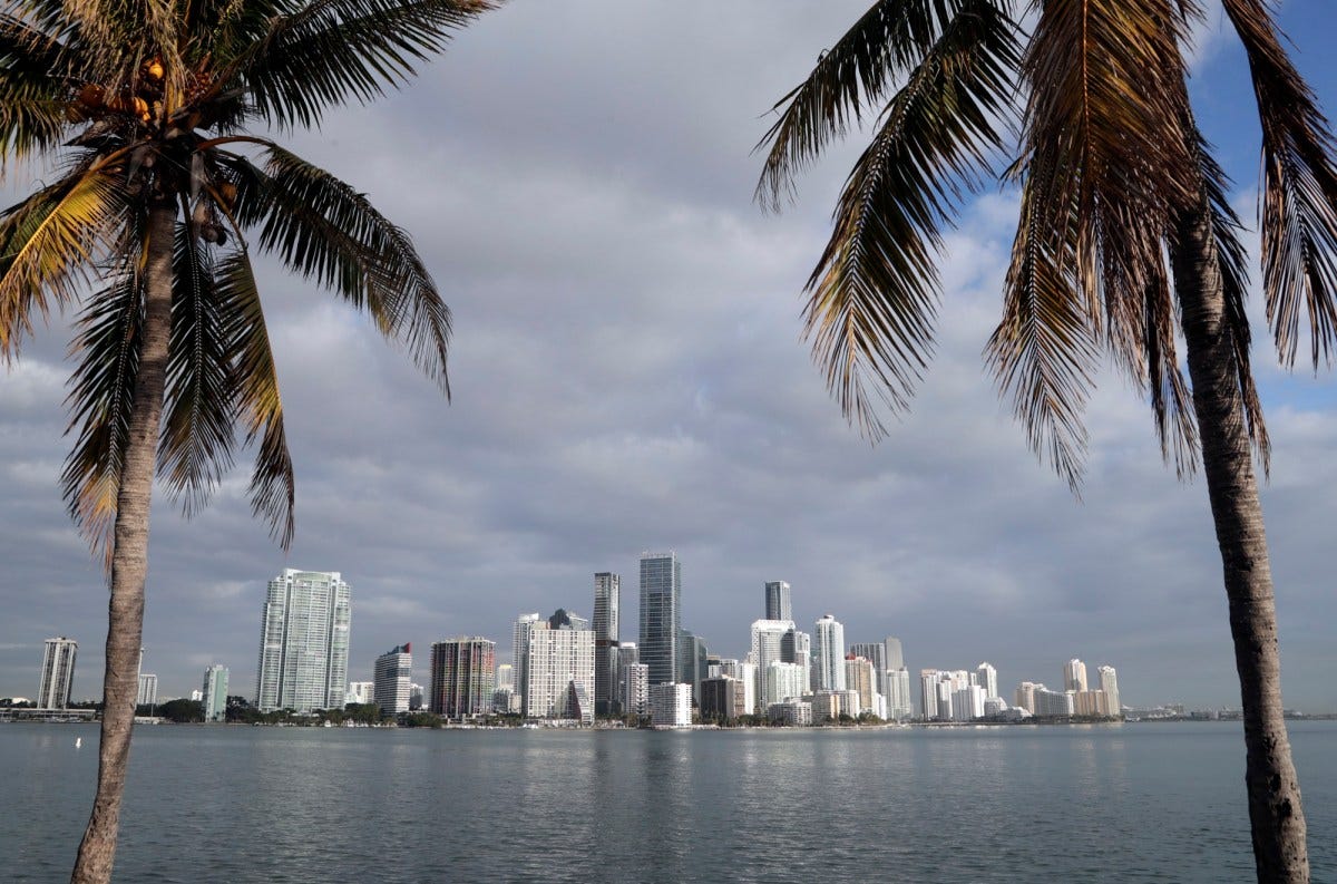 The Miami skyline on the horizon of Biscayne Bay.