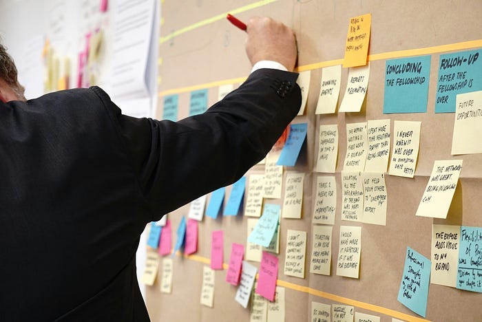 A man in a suit writing on the board full of post it notes and corkboard A man in a suit writing on the board full of post it notes and corkboard