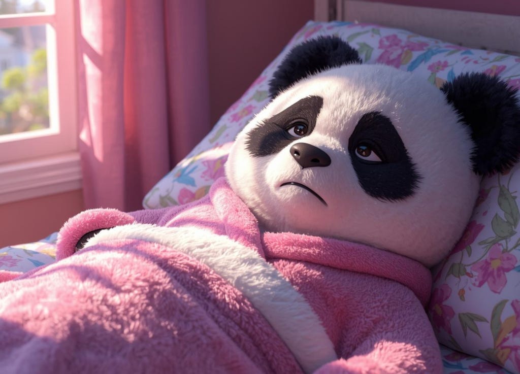 a sad girl cartoon panda wearing a pink fluffy robe laying in bed with a sunny day outside a nearby window