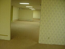 A slightly diagonal view into an empty indoor space with a uniform beige carpet. The drop ceiling has a visible column of rectangular light fixtures. The space is partitioned by interior walls. The muted wallpaper has repeating vertical chevrons and appears to be light yellow. No doors, windows or furniture of any kind are present.