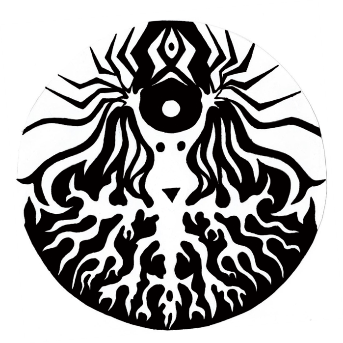 Black and white mandala of the female form with roots and sparks