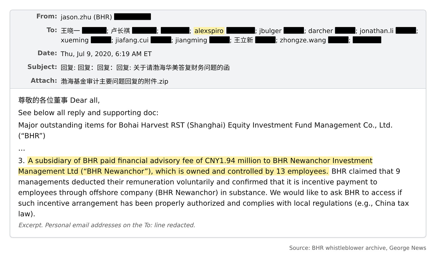 Email, July 9, 2020: BHR Newanchor fee, with Spiro on the To: line