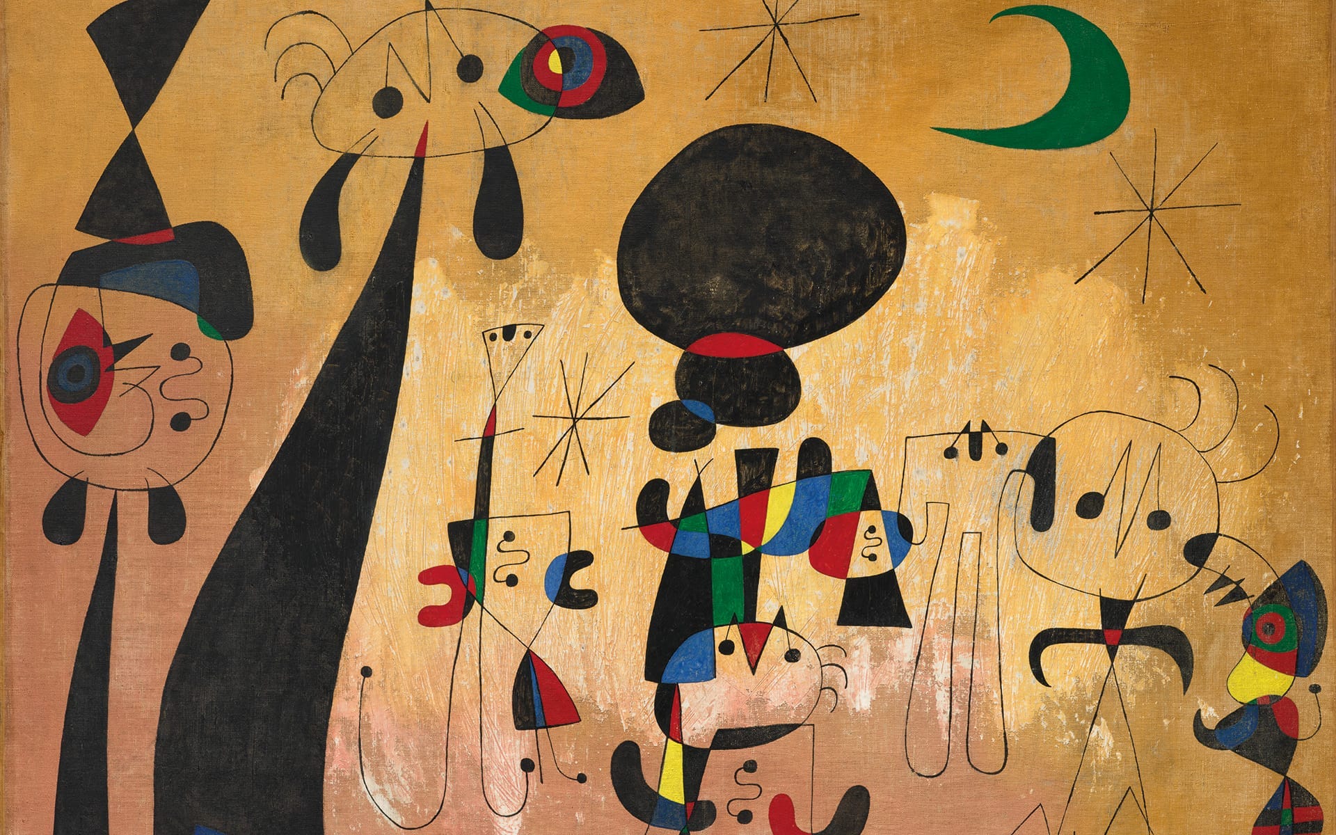 Detail of Joan Miró, Peinture (Femme Lune Étoiles), 1949: bright figures, stars and a green crescent moon on ochre Detail of Joan Miró, Peinture (Femme Lune Étoiles), 1949: bright figures, stars and a green crescent moon on ochre