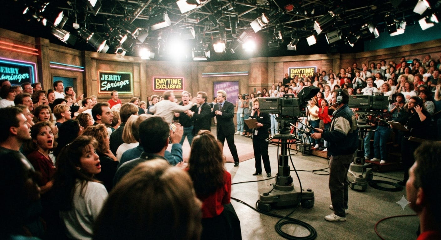 Television studio audience watches a chaotic daytime talk show confrontation, representing how producers selected dramatic and unusual guests instead of ordinary people. Television studio audience watches a chaotic daytime talk show confrontation, representing how producers selected dramatic and unusual guests instead of ordinary people.