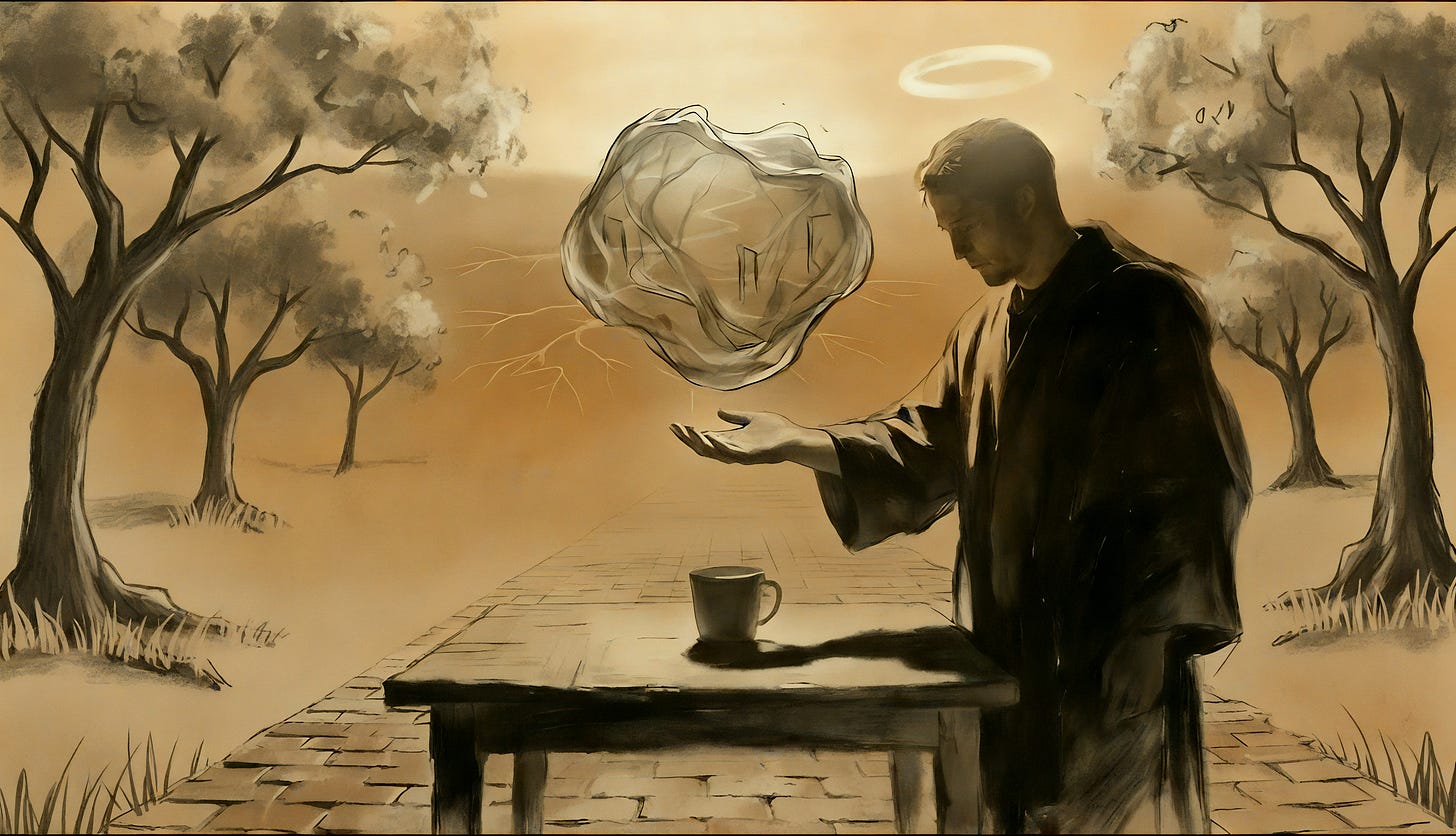 A robed man stands at a table with a single cup, one hand raised. Water rises and stands in the air above his palm, holding faint branching paths. A ring of light turns above him. Warm-amber charcoal.