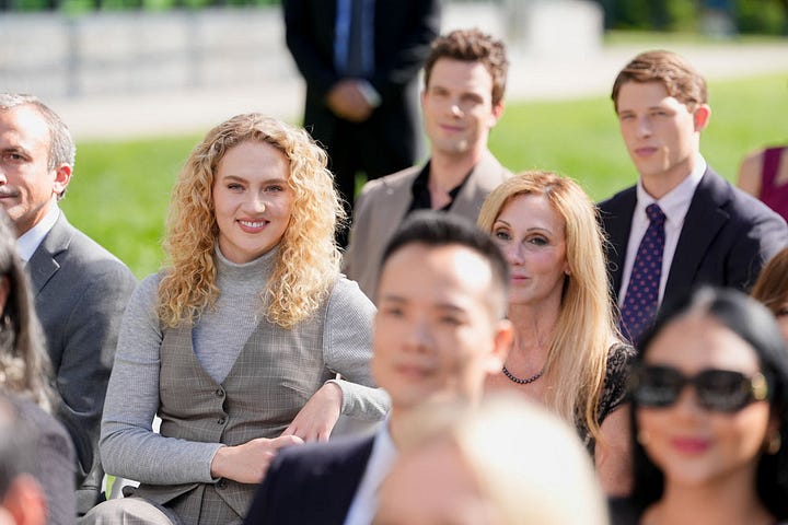 Mike, Jane, Former President Barnes, Micah, Russ, and Clare Hollingsworth in Line of Fire Episode 5 "Cul de Sac" at the presidential library ceremony and Mike giving a speech about his heroics in saving President Barnes in an assassination attempt but Micah and Russ know who the real killer is